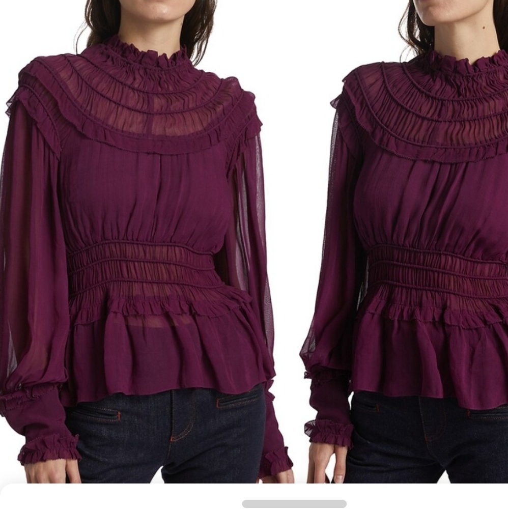 Farm Rio Plum Ruffle Blouse M | Romantic Boho Chic Long Sleeve Flowy Top - Picture 3 of 9